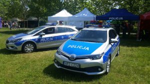 Zdjęcie przedstawia dwa oznakowane radiowozy stojące na trawie, w tle widać rozstawione namioty