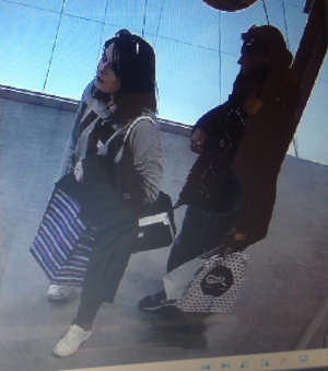 Zdjęcie przedstawia dwie kobiety, obie mają ciemne włosy, jedna z nich ubrana jest na czarno, druga ma kurtkę w jasnym kolorze. Obie trzymają torby z zakupami. Wpatrują się w stojące naprzeciwko nich półki z asortymentem.