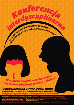 Zdjęcie przedstawia pomarańczowo-czarny plakat dot. organizacji Konferencji interdyscyplinarnej