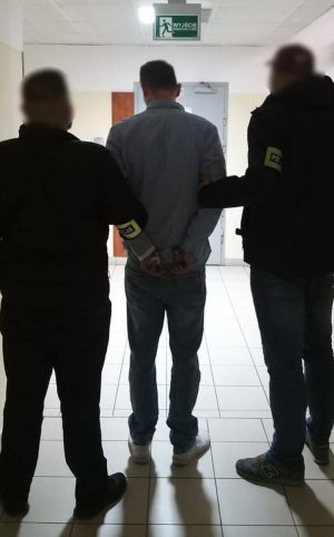 Zdjęcie przedstawia dwóch policjantów w ubraniach cywilnych pomiędzy którymi stoi zatrzymany mężczyzna. Policjanci mają na rękawach kurtek założone opaski z napisem "POLICJA".