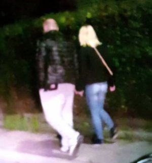 Zdjęcie przedstawia idącą kobietę o blond włosach sięgających do ramion, szczupła, ubrana  w ciemną kurtkę,  i jasne spodnie jeansowe.
Mężczyzna ma około 180 cm wzrostu, jest krępej budowy ciała, łysy, ubrany w ciemną kurtkę pikowaną, jasne spodnie dresowe.