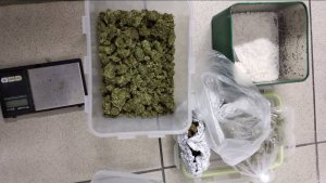 Zdjęcie przedstawia zabezpieczone przez policjantów nielegalne środki susz roślinny w plastikowym pojemniku, biała substancja w metalowym pojemniku, waga. Wszystko to jest ułożone na jasnym blacie.