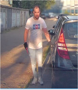 Zdjęcie przedstawia mężczyznę, stojącego obok zaparkowanego samochodu. Jest on w wieku około 30-35 lat, otyłej budowy ciała, krótko ostrzyżony – łysiejący, ma kilkudniowy zarost. Ubrany jest w biały t-shirt z napisem „Seoul”, buty sportowe koloru białego, spodnie jeansowe.
Mężczyzna lewą rękę trzyma na drzwiach od strony kierowcy, w lewej trzyma śrubokręt. Na dłoniach ma założone czarne rękawiczki. Stoi na wprost obiektywu aparatu. W tle widać inne zaparkowane pojazdy.