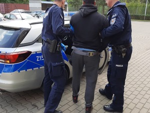 Zdjęcie przedstawia dwóch umundurowanych policjantów, którzy prowadzą między sobą zatrzymanego mężczyznę. Stoją oni przed oznakowanym radiowozem. Wszyscy są tyłem do obiektywu aparatu. Mężczyzna ma założone kajdanki zespolone na ręce i nogi.