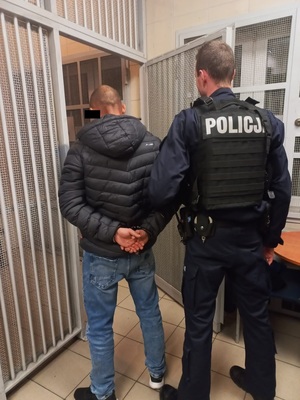 Zdjęcie przedstawia umundurowanego policjanta, ubranego w taktyczną czarną kamizelkę z napisem POLICJA na plecach, który przytrzymuje za prawe przedramię zatrzymanego mężczyznę. Mężczyzna ten stoi przed otwartymi okratowanymi drzwiami prowadzącymi do celi. Jest ubrany w ciemną kurtkę i niebieskie spodnie jeansowe. Na rekach trzymanych z tyłu ma założone kajdanki. Część twarzy zasłania mu czarny prostokąt.