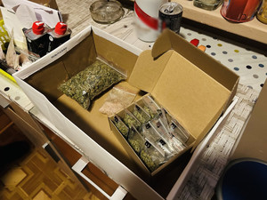 zdjęcie przedstawia tekturowe pudełko wewnątrz którego znajdują się dwie foliowe przezroczyste torebki. W większej znajduje się zielona substancja, w mniejszej brązowy proszek.