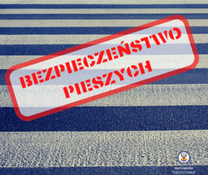 Zdjęcie przedstawia przejście dla pieszych tzw. &quot;zebrę&quot; i czerwoną ramkę z czerwonym napisem BEZPIECZEŃSTWO PIESZYCH.
