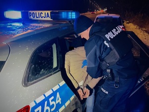 Zdjęcie przedstawia umundurowanego policjanta, który pomaga wsiąść do radiowozu na tylne prawe siedzenie zatrzymanemu mężczyźnie. Mężczyzna ten jest ubrany w beżową kurtkę i jasne spodnie. Na rękach trzymanych z tyłu ma założona kajdanki.