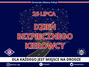 Zdjęcie przedstawia granatowy plakat, ze złotym szlakiem w tle imitującym drogę. Na środku plakatu widać czerwony napis: &quot;Dzień Bezpiecznego Kierowcy&quot;. Po spodem, na czarnym pasku widnieje biały napis: &quot;Dla każdego jest miejsce na drodze&quot;.