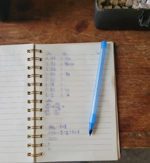 Zdjęcie przedstawia otwarty zeszyt leżący na brązowym blacie stołu. Treść zapisu jest zamazana komputerowym filtrem.