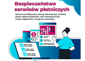 Zdjęcie przedstawia kolorowy plakat na którym widnieje różowy napis: &quot;Bezpieczeństwo serwisów płatniczych&quot;.