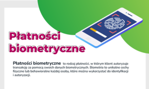 Zdjęcie przedstawia plakat, na którym widać telefon komórkowy, a obok fioletowy napis: &quot;Płatności biometryczne&quot;.