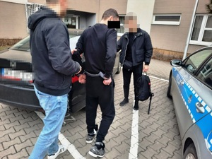 Zdjęcie przedstawia policjanta ubranego w cywilną odzież, który prowadzi po swojej prawej stronie zatrzymanego mężczyznę. Twarz policjanta jest zasłonięta komputerowym filtrem. Zatrzymany mężczyzna ma kajdanki założone na rękach trzymanych z tyłu. Ubrany jest w ciemny dres. Obaj mężczyźni stoją pomiędzy zaparkowanym oznakowanym radiowozem i ciemnym pojazdem. W tle widać innego policjanta, który również ma zasłoniętą twarz.