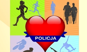 Zdjęcie przedstawia czerwone serce wewnątrz którego widnieje granatowy napis POLICJA, wokół serca widać narysowane sylwetki osób.