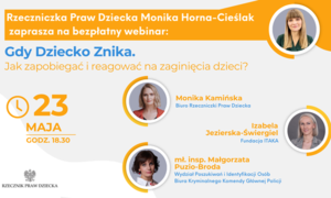 Zdjęcie przedstawia biało-żółty plakat z okrągłymi polami z żółtą obwódką wewnątrz której widać twarze osób. Na plakacie widniej żółty napis: &quot;Gdy dziecko znika&quot;.