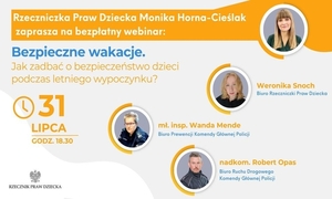 Zdjęcie przedstawia szaro-żółty plakat na którym w kółkach widnieją zdjęcia osób. Widnieje tam również napis: &quot;Bezpieczne wakacje&quot;.