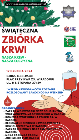 Zdjęcie przedstawia kolorowy plakat dotyczący Świątecznej Zbiórki krwi.