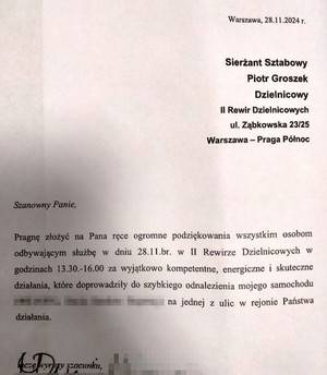 Zdjęcie przedstawia treść podziękowań dla policjantów adresowanych na dzielnicowego.