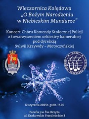 Zdjęcie przedstawia granatowy plakat na którym widnieje zaproszenie na koncert.