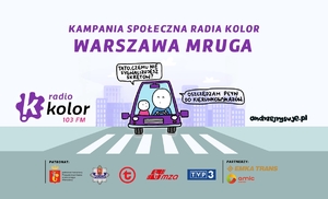 Zdjęcie przedstawia plakat z fioletowym rysunkiem samochodu, nad którym widniej napis w tym samym kolorze: Kampania społeczna Radia Kolor Warszawa mruga