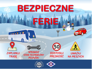 Zdjęcie przedstawia kolorowy plakat z czerwonym napisem BEZPIECZNE FERIE.