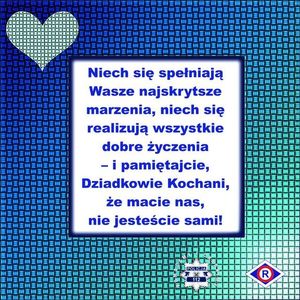 Zdjęcie przedstawia niebieski plakat na którym widać życzenia z okazji Dnia Babci i Dziadka.