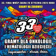 Zdjęcie przedstawia kolorowy plakat z białą liczbą 33.