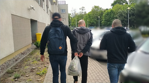Zdjęcie przestawia policjanta z zasłoniętą twarzą, który stoi za zatrzymanym mężczyzną i zakłada mu kajdanki na ręce trzymane z tyłu. Zatrzymany mężczyzna ma na części twarzy widoczny czarny prostokąt.