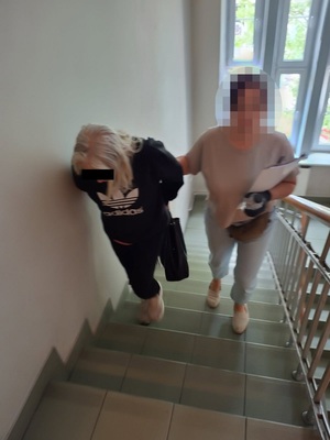 Zdjęcie przedstawia policjantkę prowadzącą po schodach kobietę.