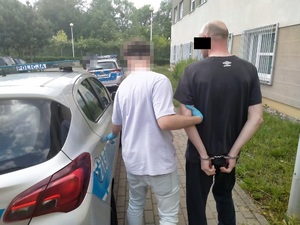 Zdjęcie przedstawia policjantka prowadzącego do radiowozu zatrzymanego mężczyznę.