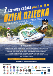 Kolorowy plakat z zaproszeniem na Dzień Dziecka w Komisariacie Rzecznym.