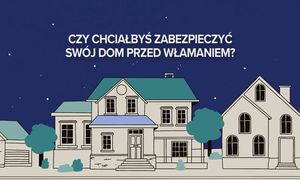 Zdjęcie przedstawia granatowo-biały plakat z domami.
