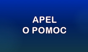 Zdjęcie przedstawia niebieski plakat z białym napisem &quot;Apel o pomoc&quot;.