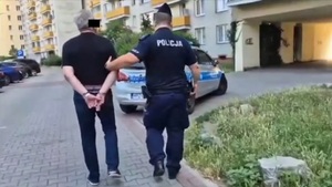 Zdjęcie przedstawia policjanta prowadzącego zatrzymanego do radiowozu.