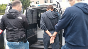 Zdjęcie przedstawia policjantów w ubraniach cywilnych, którzy umieszczają w radiowozie zatrzymanego mężczyznę.