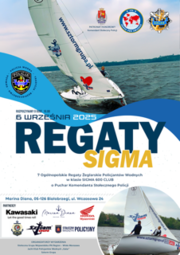 Kolorowy plakat z widoczną białą żaglówką i napis REGATY