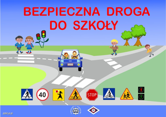 Kolorowy plakat z czerwonym napisem &quot;Bezpieczna droga do szkoły&quot;.