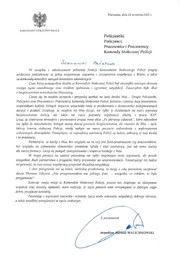 Zdjęcie przedstawia treść podziękowań od Komendanta Stołecznego Policji.