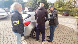 Zdjęcie przedstawia dwoje policjantów w ubraniach cywilnych, którzy umieszczają zatrzymanego mężczyznę w samochodzie. Mężczyzna ten ma kajdanki założone na ręce i nogi. Twarze policjantów są zasłonięte komputerowym filtrem.