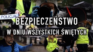 Zdjęcie przedstawia kolorowy plakat dotyczący bezpieczeństwa podczas Wszystkich Świętych.