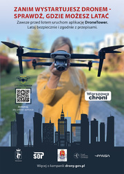 Zdjęcie przedstawia kolorowy plakat na którym widać drona.