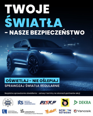 Zdjęcie przedstawia ciemnogranatowy plakat z rysunkiem samochodu. W tle widać hasło - &quot;Twoje światła - nasze bezpieczeństwo&quot;.