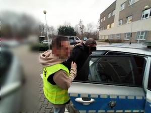 Zdjęcie przedstawia policjanta ubranego w odblaskową kamizelkę z napisem POLICJA, który umieszcza zatrzymanego mężczyznę w radiowozie.
