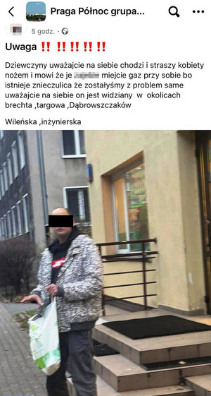 Zdjęcie przedstawia internetowy wpis, oraz zdjęcie mężczyzny z czarną opaską zasłaniającą fragment twarzy.