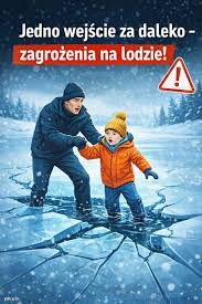 Zdjęcie przedstawia sytuację animowaną z mężczyzną i dzieckiem, pod którymi załamał się lód.