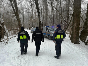Zdjęcie przedstawia strażników miejskich i policjanta idących leśną ścieżką.