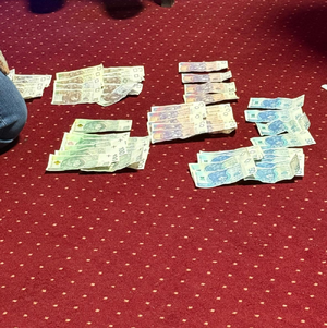 Zdjęcie przedstawia różne banknoty ułożone na wykładzinie.