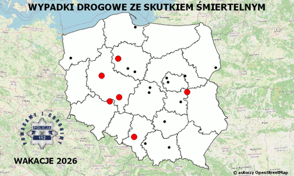 Zdjęcie przedstawia mapę w kolorze niebieskim z zaznaczonymi na czerwono kropkami.