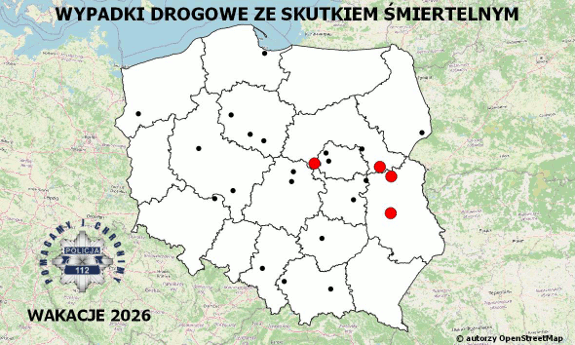 Zdjęcie przedstawia mapę na której mrugają czerwone kropki. Jest zatytułowana - "Policyjna mapa wypadków drogowych ze skutkiem śmiertelnym – Wakacje 2026".
