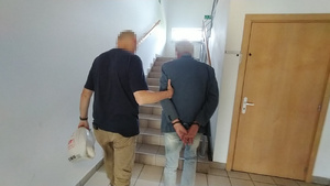 Zdjęcie przedstawia policjanta w ubraniach cywilnych, który wprowadza po schodach zatrzymanego mężczyznę.